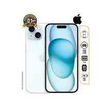 iPhone 15 Plus reconditionné USA blanc/bleu clair, grand écran 6,7 pouces et fiche technique (48MP, 128Go, 8Go RAM, 4383 mAh), garanti 1 mois