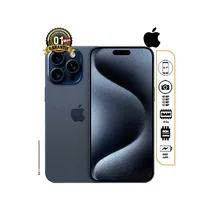 iPhone 15 Pro Max reconditionné 256Go Titane Bleu/Noir, écran 6,7 pouces et triple caméra, fiche technique (8Go RAM, 4441 mAh), garanti 1 mois