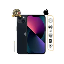 Smartphone iPhone 13 reconditionné 128Go couleur minuit/noir, écran allumé, double caméra, avec le logo Apple et les icônes de spécifications (6.1", 12MP, 3240 mAh, 1 mois de garantie)
