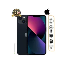 Smartphone iPhone 13 reconditionné 256Go couleur minuit/noir, écran allumé, double caméra, avec le logo Apple et les icônes de spécifications (6.1", 12MP, 3240 mAh, 1 mois de garantie)