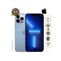 iPhone 13 Pro Max reconditionné 128Go couleur bleu alpin, écran allumé, triple caméra arrière, avec les icônes de spécifications (6.7", Triple 12MP, 4373 mAh, 1 mois de garantie)