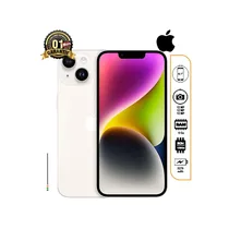 iPhone 14 reconditionné 128Go couleur blanc (ou lumière stellaire), écran allumé, double caméra arrière diagonale, avec les icônes de spécifications (6.1", 12MP, 3279 mAh, 1 mois de garantie)