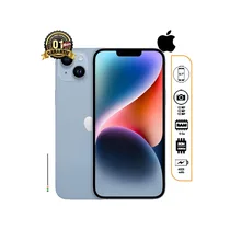 iPhone 14 Plus reconditionné 256Go couleur bleu clair, écran allumé, double caméra arrière diagonale, avec les icônes de spécifications (6.7", 12MP, 4325 mAh, 1 mois de garantie)