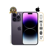iPhone 14 Pro reconditionné 128Go couleur violet intense (Deep Purple), écran allumé, Dynamic Island visible, triple caméra 48MP, avec les icônes de spécifications (6.1", 48MP, 3200 mAh, 1 mois de garantie)