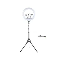Ring Light LED 18 pouces professionnel avec trépied déplié et supports smartphone intégrés, garanti 1 mois