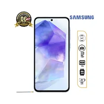 Samsung Galaxy A55 5G noir vu de face avec écran Super AMOLED allumé