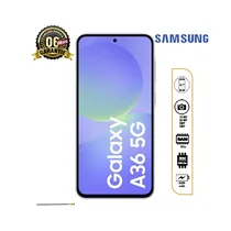 Samsung Galaxy A36 5G noir vu de face avec écran Super AMOLED allumé