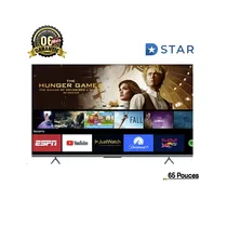 Téléviseur D-STAR 65 pouces affichant un fond abstrait vert et rose sur écran UHD 4K sans texte visible