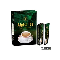 Boîte de thé Alpha Tea aphrodisiaque pour l'endurance, montrant un sachet et une tasse de thé fumante, indiquant qu'elle contient 10 sachets