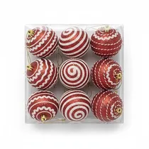 Boules de Noël Rouge Canne à Sucre | Motifs Pailletés