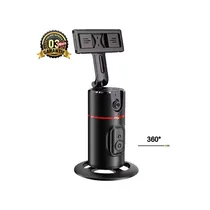 Caméra de suivi de visage automatique P02, de couleur noire, avec support smartphone réglable et base cylindrique stable. Indication de rotation à 360 degrés
