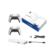 Kit Console de jeu rétro 4K Game Stick dans son emballage, avec deux manettes blanches et noires de style moderne, et câbles inclus