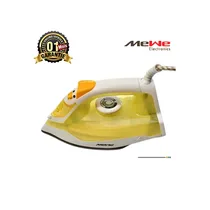 Fer à repasser vapeur MEWE MWIR-SI03Y jaune et blanc, vue de côté, montrant le réservoir transparent et le bouton de réglage de la température