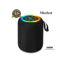Haut-parleur Bluetooth portable Maxbest de forme cylindrique, revêtement en tissu noir, avec un anneau lumineux LED RGB sur le dessus, une puissance de 2400W et une garantie de 3 mois