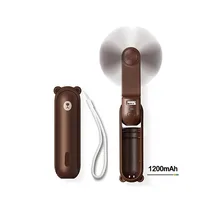 Mini ventilateur portatif 3 en 1 à main de couleur marron, pliable en forme d'ours, avec batterie 1200mAh et dragonne de transport. Vue des deux modes (plié et déplié)