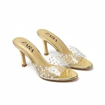 Mules à Talon Aiguille Dorées avec Bride Transparente Perlée - Couleurs : Or - Pointures 37/42