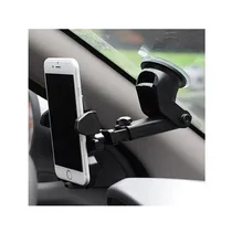 Support de téléphone voiture noir vue 3/4 ventouse fixation tableau de bord pare-brise