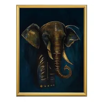 Zoom sur les détails texturés or et bleu du tableau éléphant.