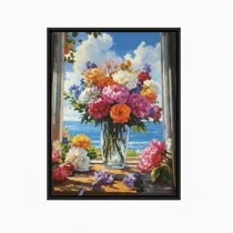 Tableau bouquet de fleurs vibrantes accroché au-dessus d'un canapé de salon.