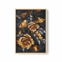 Mise en situation du tableau floral doré dans un salon moderne au-dessus d'un canapé.