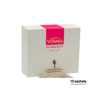 Café aphrodisiaque Vitamax Doubleshot femme Energy Coffee pour femme, montrant le format premium instantané avec 10 sachets, et mentionnant l'extrait de Kacip Fatimah