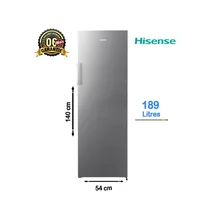 Congélateur vertical Hisense 189 Litres RS24, couleur argent, avec des dimensions de 140 cm (hauteur) et 54 cm (largeur), affichant une garantie de 6 mois