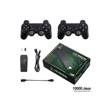 Console de jeux vidéo HDMI 4k rétro Game Stick Lite, de couleur noire, avec deux manettes sans fil 2.4G et ses câbles de connexion HDMI et USB. 10000 jeux intégrés