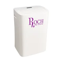 Profil du climatiseur portable Roch montrant les roulettes et le design compact.