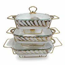 Ensemble de 3 Chafing Dishes de luxe en céramique blanche et dorée empilés