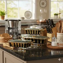 Vue du plat en céramique, du couvercle et du support métallique doré séparés.