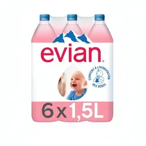 Pack de 6 bouteilles d'eau minérale Evian 1,5L avec visuel bébé et logo des Alpes.