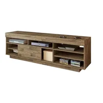 meuble TV montrant les passages de câbles intégrés pour une gestion propre.