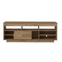 Meuble TV 180cm en bois naturel avec porte coulissante et niches de rangement.