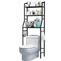 Détail du support papier toilette et des crochets latéraux d'un meuble de salle de bain en acier.