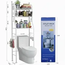 Schéma des dimensions de l'étagère WC et emballage du produit "Toilet Rack Stainless Steel".