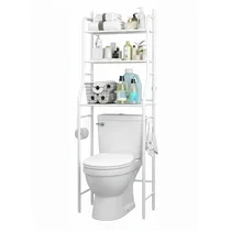 Étagère de rangement blanche à 3 niveaux installée au-dessus d'un WC moderne.