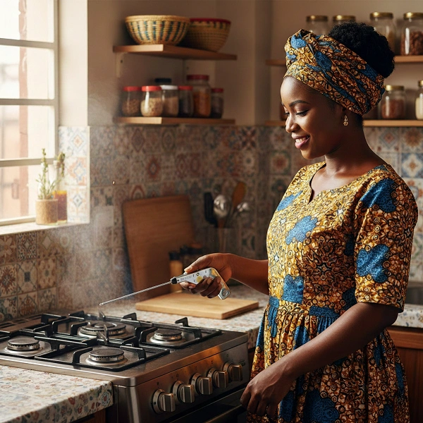 Femme utilisant l'allume-gaz Spark-L pour allumer une cuisinière moderne.