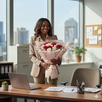 Bouquet de 24 roses rouges et blanches avec gypsophile dans un emballage rose.