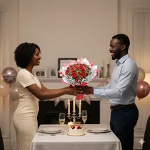 Homme offrant un bouquet de roses rouges à sa femme lors d'un dîner romantique.