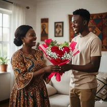 Homme offrant un bouquet de roses rouges de style coréen à une femme dans un intérieur chaleureux.