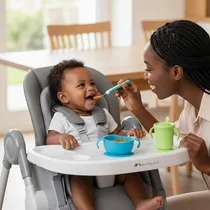 Maman nourrissant son bébé assis confortablement dans sa chaise haute.
