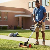 Homme utilisant un coupe-bordure électrique dans une cour d'école.