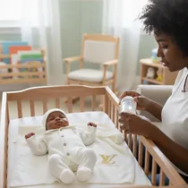 Maman préparant un biberon près de son bébé en tenue LV