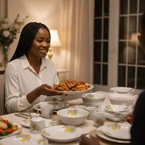 Table dressée avec les plats, bols et la louche assortie.