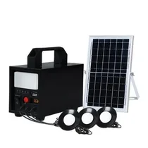 Kit solaire complet incluant panneau, unité centrale noire et trois ampoules LED.