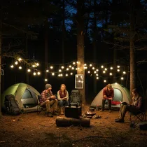 Groupe d'amis campant en forêt éclairé par des guirlandes connectées au générateur solaire.