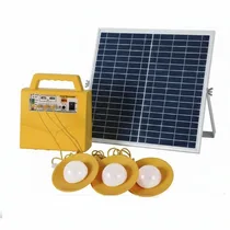 Générateur solaire jaune avec panneau, boîtier et trois ampoules LED.