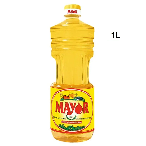 Bouteille d'huile végétale Mayor 1L extra raffinée sur fond blanc