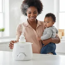 Maman afro souriante utilisant le chauffe-biberon dans une cuisine lumineuse.