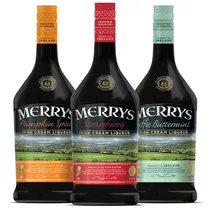 Gros plan sur l'étiquette Merrys Salted Caramel montrant les médailles d'or et l'origine irlandaise.